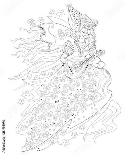 Black and white page for coloring book. Fantasy drawing of beautiful Gothic princess playing music on mandolin. Pattern for modern print, embroidery, decoration. Hand-drawn vector image.