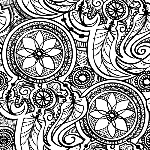 ethnic tribal seamless pattern background , black on white line round shape ornament doodle . hand drown mandala indian asian wallpaper vector illustration