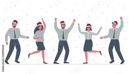 Office workers are celebrating the Christmas. Happy employees in Santa's hats are dancing. Vector illustration