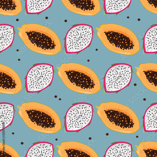 Dragonfruit pitaya, pitahaya and papaya bright seamless pattern. Summer fresh fruits background.