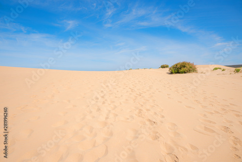 Dünenlandschaft mit feinem hellen Sand, blauer Himmel mit feinen Cirrus-Wolken