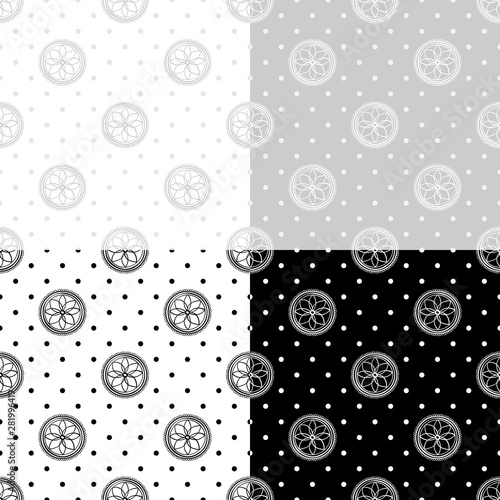 4 pattern ethnic tribal seamless background , black on white line round shape ornament doodle . hand drown mandala indian asian wallpaper vector illustration