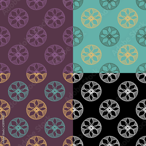 4 pattern ethnic tribal seamless background , black on white line round shape ornament doodle . hand drown mandala indian asian wallpaper vector illustration
