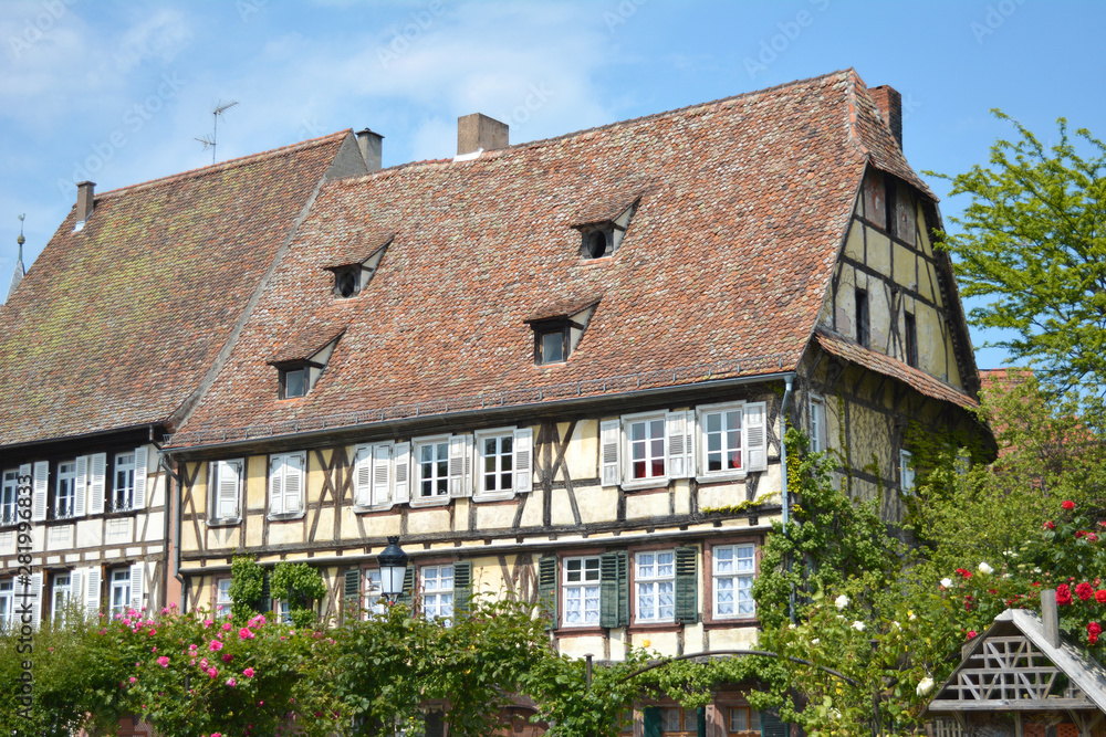 Beautiful traditional European style timber framing houses in city center of Wissembourg in France on a sunny day