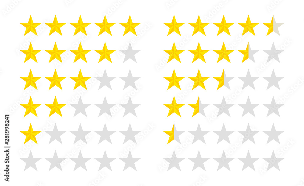 Set of stars rating. Customer review with gold star icon. 5 stars and half assessment of customer in flat style. vector illustration Set of stars rating. Customer review with gold star icon. 5 stars and half assessment of customer in flat style. vector illustration