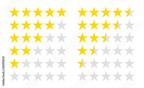 Set of stars rating. Customer review with gold star icon. 5 stars and half assessment of customer in flat style. vector illustration