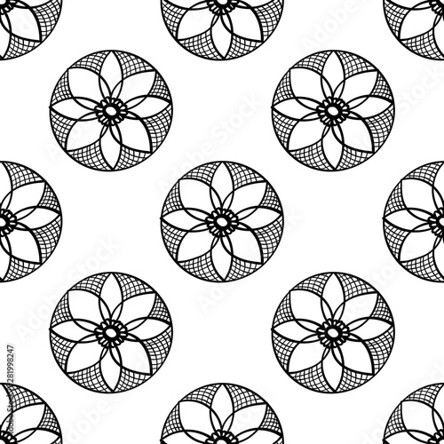 ethnic tribal seamless pattern background , black on white line round shape ornament doodle . hand drown mandala indian asian wallpaper vector illustration