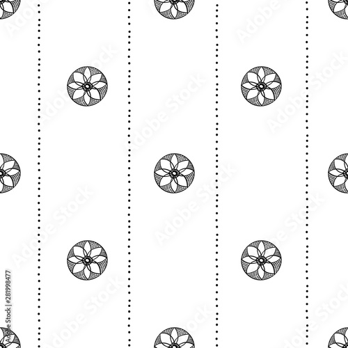 ethnic tribal seamless pattern background , black on white line round shape ornament doodle . hand drown mandala indian asian wallpaper vector illustration