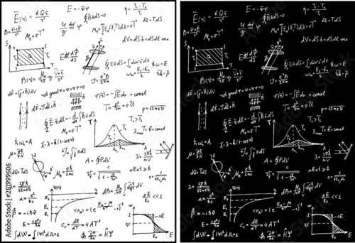 Physical formulas white and black vector background. Thermodynamics, electrodynamics, quantum physics. Maxwell Formulas, Rayleigh Scattering, Graphs and Mathematical Distributions.