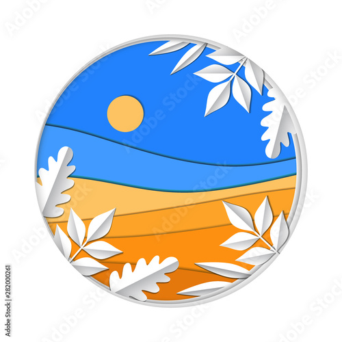 Noon time, sun in sky, field of ripened wheat landscape. Autumn Festival paper art style background. Autumn eve and Thanksgiving family holiday celebration of the good harvest vector illustration.