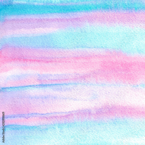 Abstract blue  violet and pink watercolor hand painted background. Unique textured splashes effects. Horizontal stripes. Trendy soft pastel colors. Perfect for collages  polygraphy