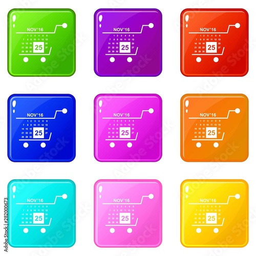 Basket calendar twenty fifth of november icons set 9 color collection isolated on white for any design