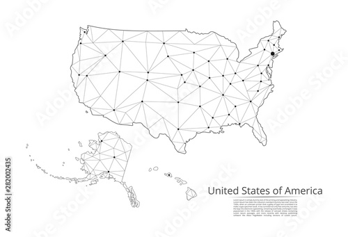 The map of the network of the United States of America. Vector low-poly image of a global map with lights in the form of a population density of cities consisting of shapes. Easy to edit