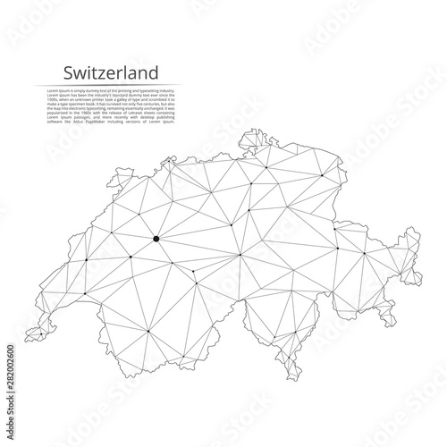 Switzerland communication network map. Vector low poly image of a global map with lights in the form of cities in population density consisting of points and shapes and space. Easy to edit
