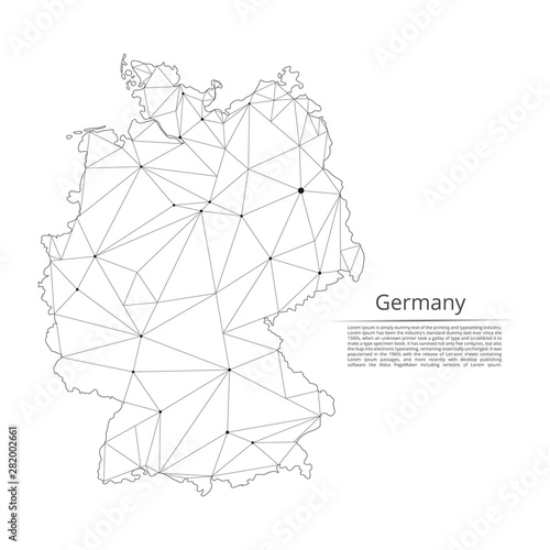 Germany communication network map. Vector low poly image of a global map with lights in the form of cities in or population density consisting of points and shapes and space. Easy to edit