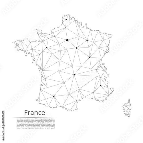 France communication network map. Vector low poly image of a global map with lights in the form of cities in or population density consisting of points and shapes and space. Easy to edit