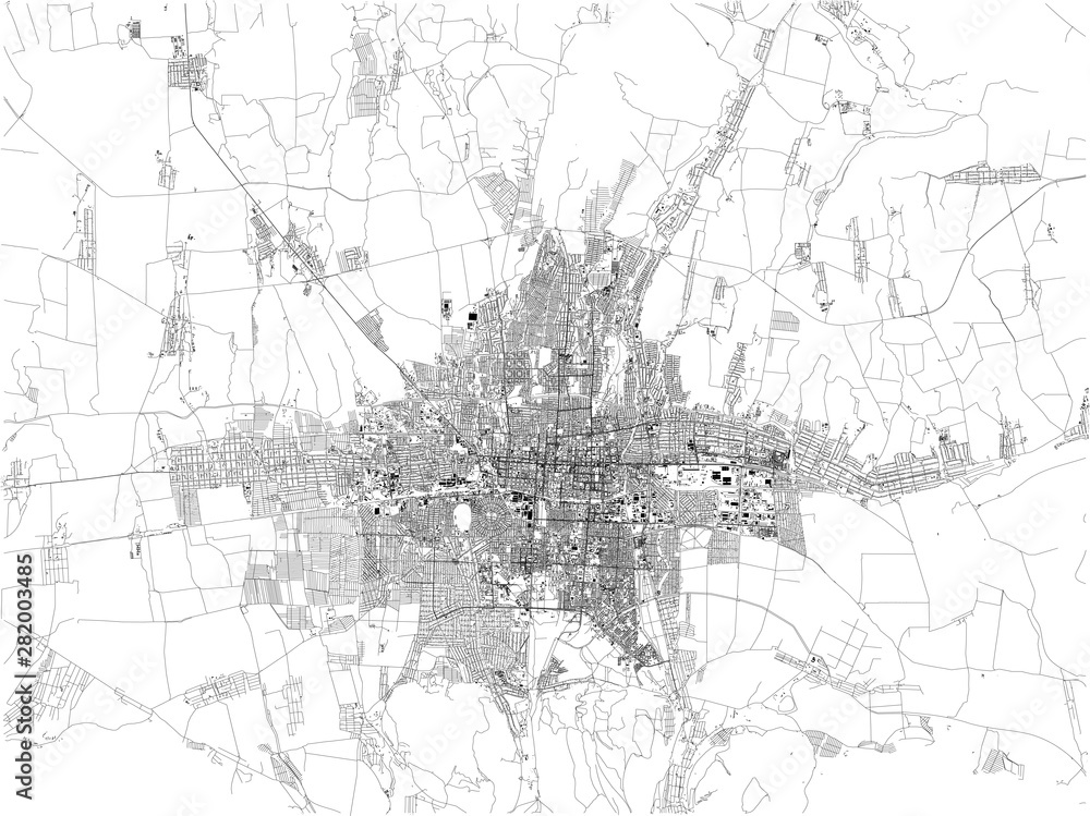 Satellite map of Bishkek formerly Pishpek and Frunze, it is the capital and largest city of Kyrgyzstan. Map of streets and buildings of the town center