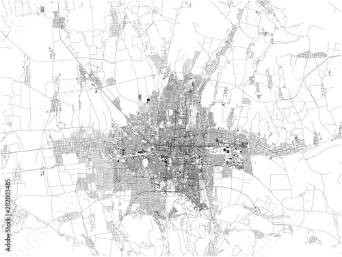 Satellite map of Bishkek formerly Pishpek and Frunze, it is the capital and largest city of Kyrgyzstan. Map of streets and buildings of the town center