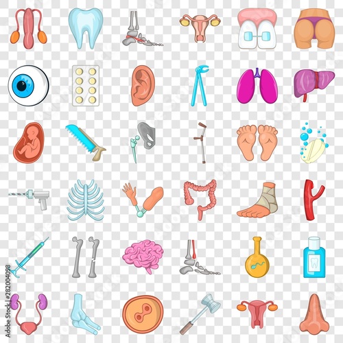 Body icons set. Cartoon style of 36 body vector icons for web for any design
