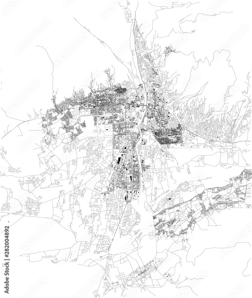 Satellite map of Dushanbe, it is the capital and largest city of Tajikistan. Map of streets and buildings of the town center