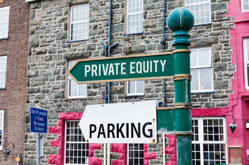 Conceptual hand writing showing Private Equity. Concept meaning Capital that is not listed on a public exchange Investments Advertisement concept with empty copy space on the road sign