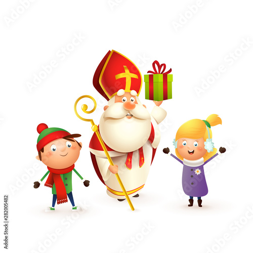 Saint Nicholas with kids girl and boy celebrate holidays - isolated on white background
