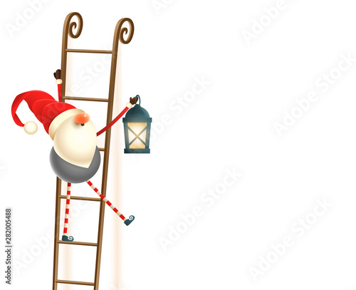 Scandinavian gnome on ladders with lantern - isolated on white background