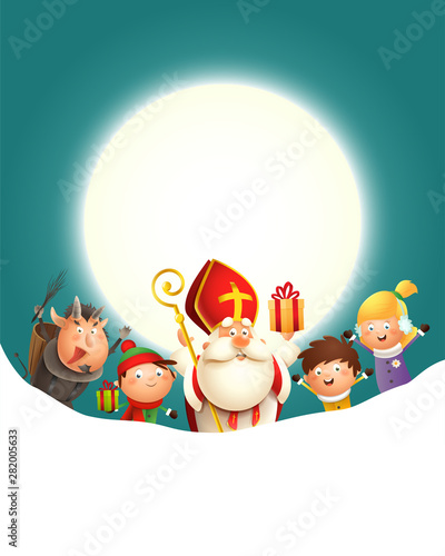 Saint Nicholas Krampus and kids celebrate holiday in front of moon - turquoise background with copy space