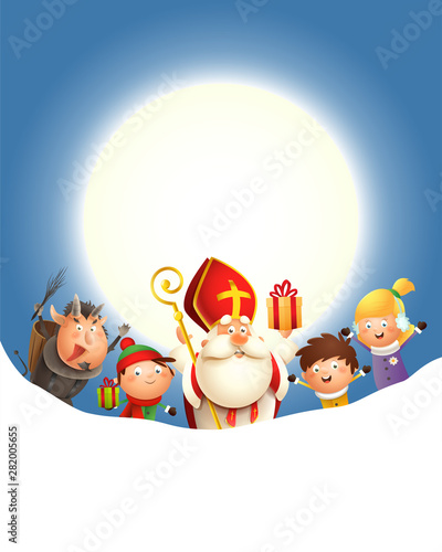 Saint Nicholas Krampus and kids celebrate holiday in front of moon - blue background with copy space