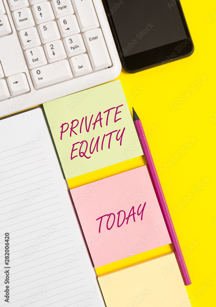 Conceptual hand writing showing Private Equity. Concept meaning Capital that is not listed on a public exchange Investments Empty papers with copy space on yellow background table Conceptual hand writing showing Private Equity. Concept meaning Capital that is not listed on a public exchange Investments Empty papers with copy space on yellow background table