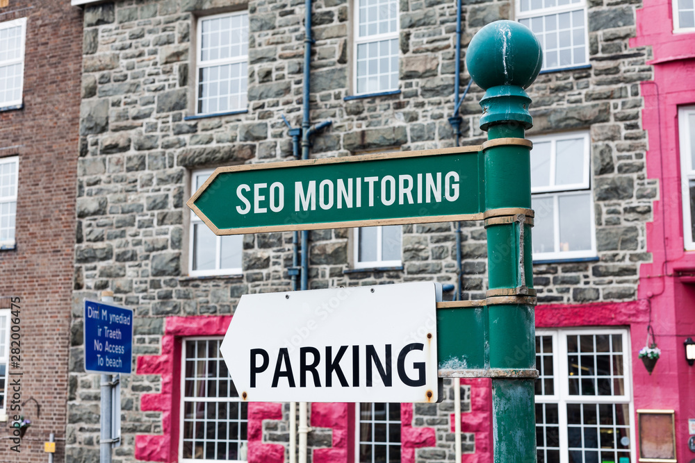 Conceptual hand writing showing Seo Monitoring. Concept meaning Tracking the progress of strategy made in the platform Advertisement concept with empty copy space on the road sign