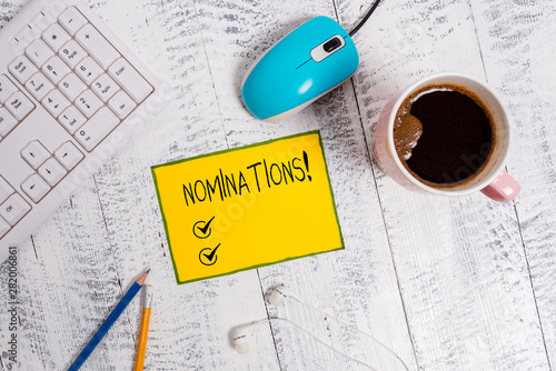 Word writing text Nominations. Business photo showcasing action of nominating or state being nominated for prize