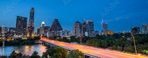 Panoramic View of Downtown Austin Skyline at Night With the Congress Bridge in the Foreground