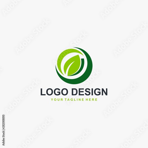 Green leaf logo design. Plant illustration symbol. Circle leaves icon design.