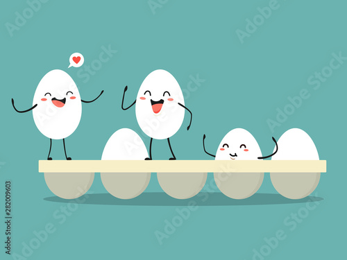 Cheerful eggs in a tray. Vector illustration in cartoon style.