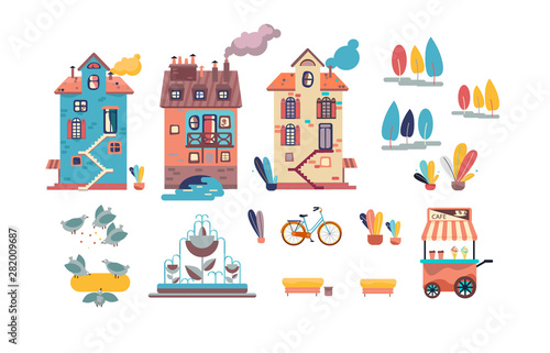 Old European houses. Victorian style. Square with a fountain. Trees and pigeons