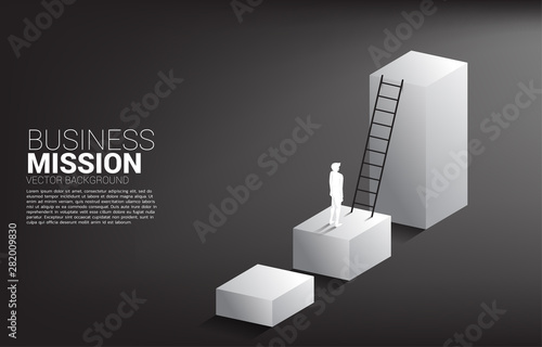 silhouette of businessman ready to move up on bar graph with ladder. Concept of vision mission and goal of business