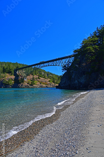 The Deception Pass Bridge as seen from Little North Beach in Deception Pass State Park in Washington State