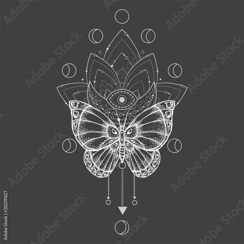 Vector illustration with hand drawn butterfly and Sacred symbol on black background. Abstract mystic sign.