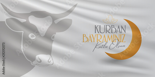 Feast of the Sacrifice Greeting (Eid al-Adha Mubarak) (Turkish: Kurban Bayraminiz Kutlu Olsun) Holy days of muslim community. Billboard, Poster, Social Media, Greeting Card template.