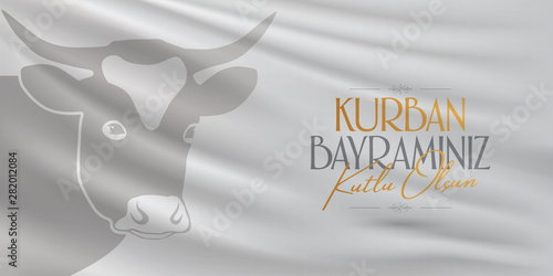 Feast of the Sacrifice Greeting (Eid al-Adha Mubarak) (Turkish: Kurban Bayraminiz Kutlu Olsun) Holy days of muslim community. Billboard, Poster, Social Media, Greeting Card template.