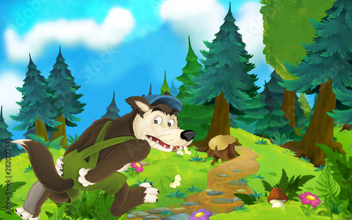 Fototapeta Naklejka Na Ścianę i Meble -  Cartoon fairy tale scene with wolf on the meadow - illustration for children