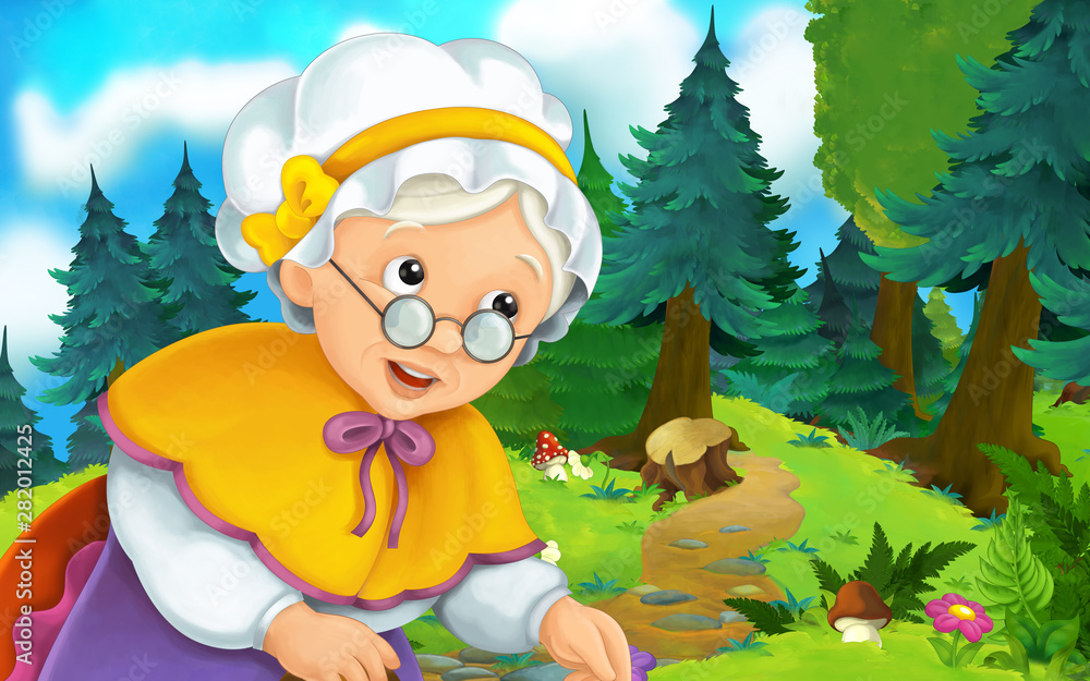 Naklejka premium Cartoon scene on a happy older woman walking through the forest - illustration for children
