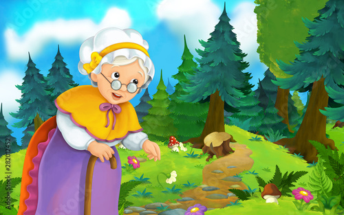 Fototapeta Naklejka Na Ścianę i Meble -  Cartoon scene on a happy woman walking through the forest - illustration for children