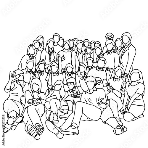 group of people or workers taking photo together vector illustration sketch doodle hand drawn with black lines isolated on white background