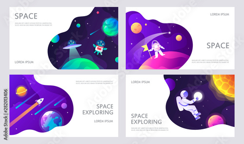 Set of web banners templates. Presentation. Space explore. UFO.  Children cartoon vector illustration. Science. Horizontal banners. EPS 10