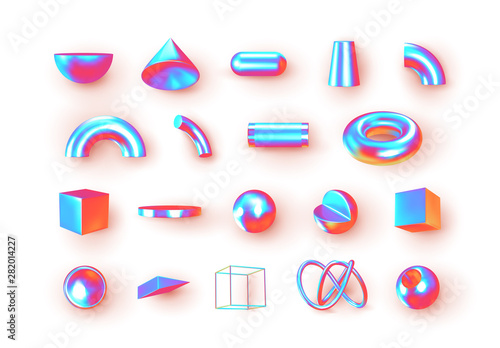 Set of 3d geometric shapes objects. Realistic geometry elements isolated on white background, on metallic holographic color gradient. Render Decorative figure for design. vector illustration