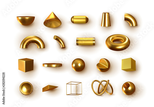 Set of 3d Golden Geometric Shapes Objects. Realistic geometry elements isolated on white background, on metallic color gradient. Render Decorative gold figure for design. vector illustration
