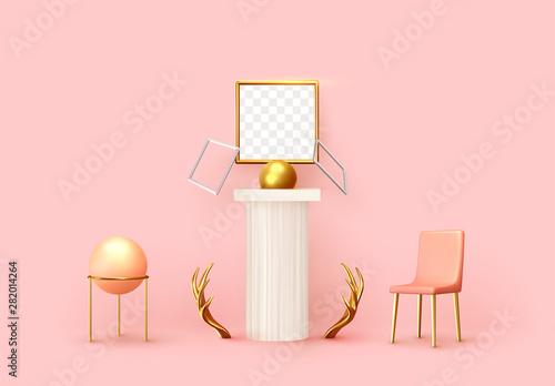 Abstract background with 3d realistic objects design. Interior art installation. Elements Composition Antique Concrete Column, Golden Ball, Chair. On wall is square photo frame. Backdrop pink colors