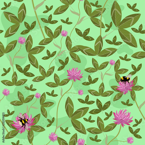 Seamless pattern with clover flowers and leaves and with bumblebees. Vector graphics.